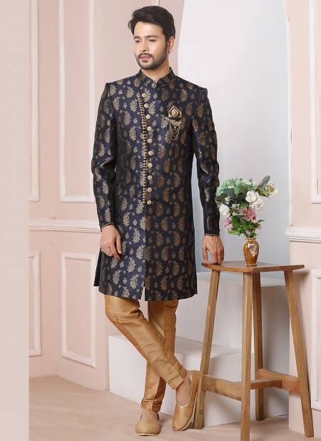 Blue Colour Party Wear Mens Jaquard Silk Indo Western Collection 1686